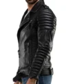 Men's Black Quilted Sleeve Leather Zipper Jacket on Sale