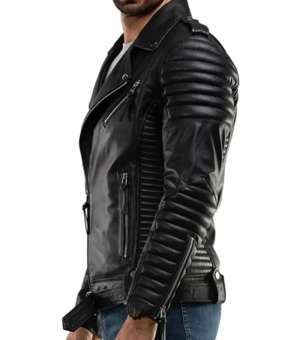 Men's Black Quilted Sleeve Leather Zipper Jacket on Sale