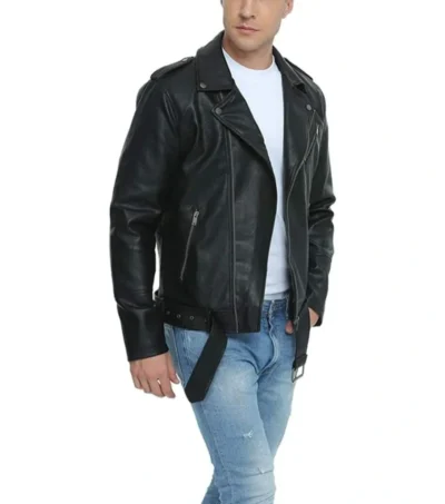 Men's Classic Black Biker Jacket Side Look