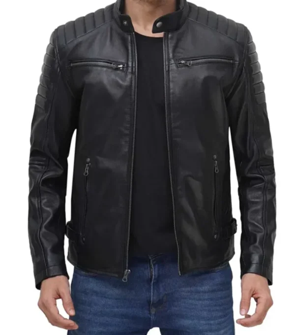 Men’s Classic Black Biker Leather Cafe Racer Jacket