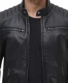 Men’s Classic Black Biker Leather Cafe Racer Jacket Closer