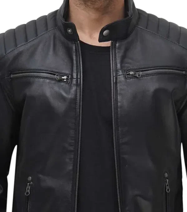 Men’s Classic Black Biker Leather Cafe Racer Jacket Closer