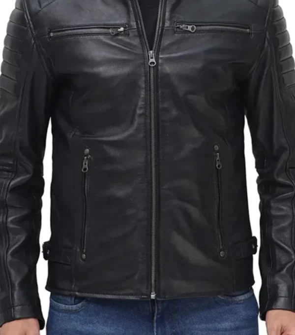 Men’s Classic Black Biker Leather Cafe Racer Jacket Front