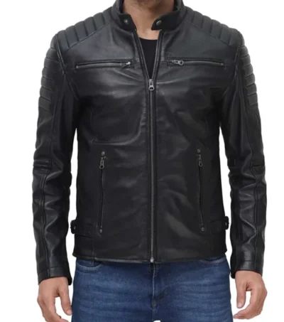 Men’s Classic Black Biker Leather Cafe Racer Zipper Jacket