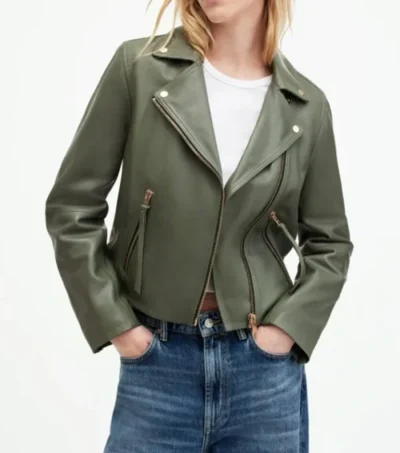 Olive Green Biker Leather Jacket for Women