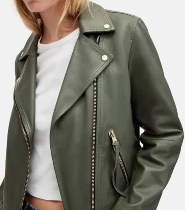 Olive Green Biker Leather Jacket for Women Closer