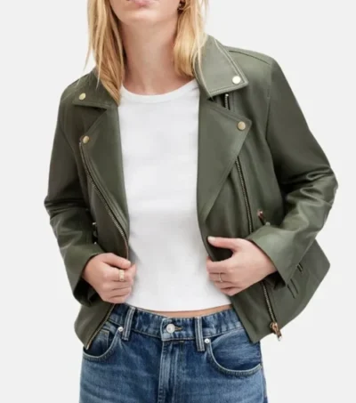 Olive Green Biker Leather Jacket for Women Front