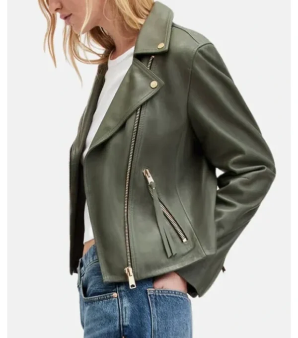 Olive Green Biker Leather Jacket for Women Side Look