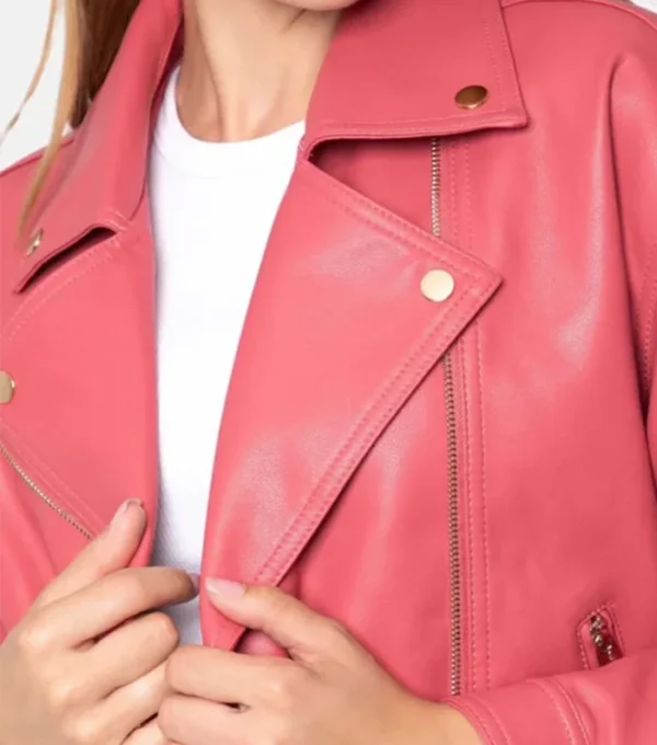 Pink Leather Biker Jacket for Women Closer