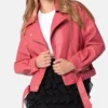 Pink Leather Biker Jacket for Women Front