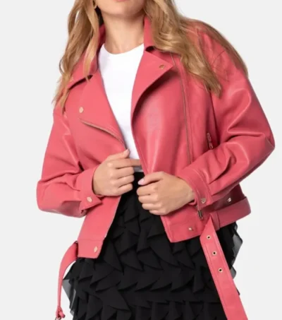 Pink Leather Biker Jacket for Women Front