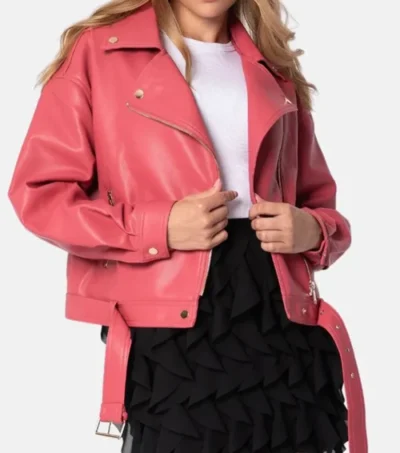 Pink Leather Biker Jacket for Women Side Look