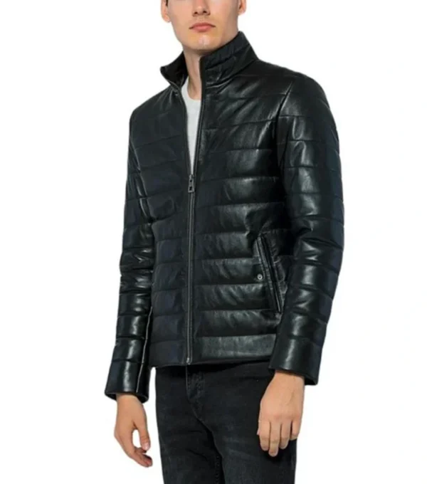 Quilted Leather Black Puffer Jacket on Sale