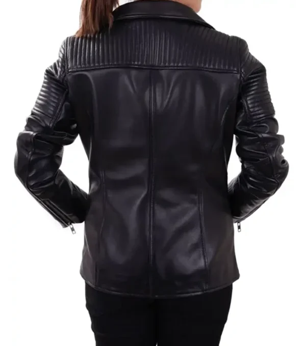 Quilted Shoulder Black Leather Biker Jacket Back