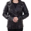 Quilted Shoulder Black Leather Biker Jacket Front