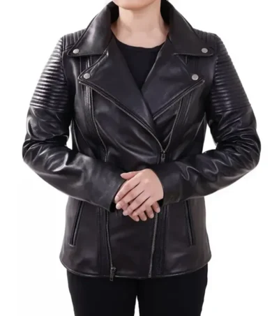 Quilted Shoulder Black Leather Biker Jacket Front