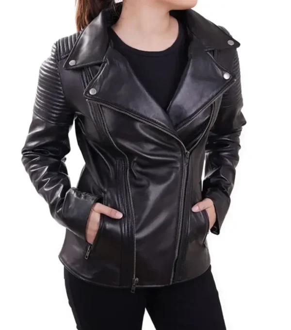 Quilted Shoulder Black Leather Biker Jacket Look
