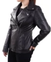 Quilted Shoulder Black Leather Biker Jacket Side Look