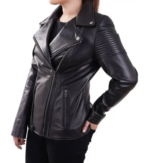 Quilted Shoulder Black Leather Biker Jacket Side Look
