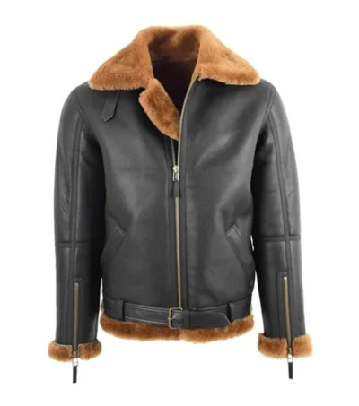 RAF Black B3 Bomber Jacket with Brown Shearling Lining Front