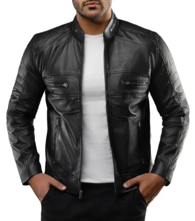 Slim Fit Black Leather Racer Jacket