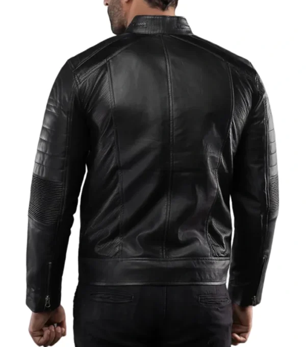 Slim Fit Black Leather Racer Jacket Back