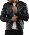 Slim Fit Black Leather Racer Jacket Look