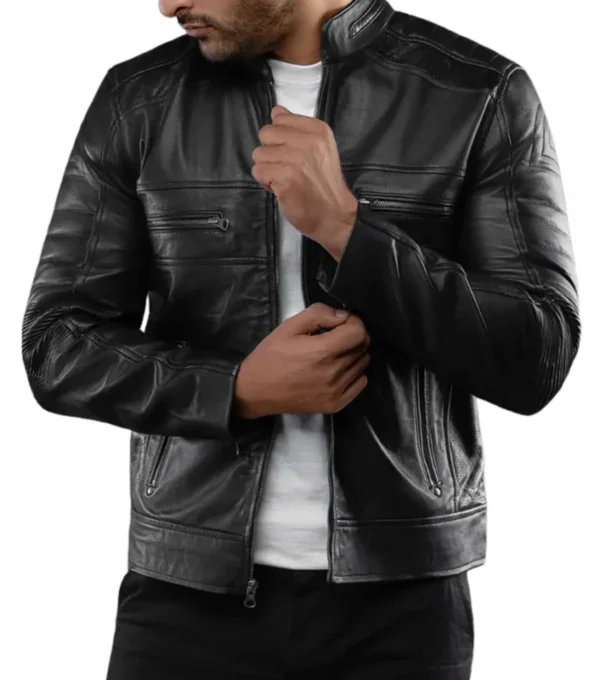 Slim Fit Black Leather Racer Jacket Look
