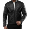 Slim Fit Black Leather Racer Jacket on Sale