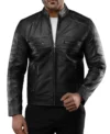 Slim Fit Black Leather Racer Jacket on Sale