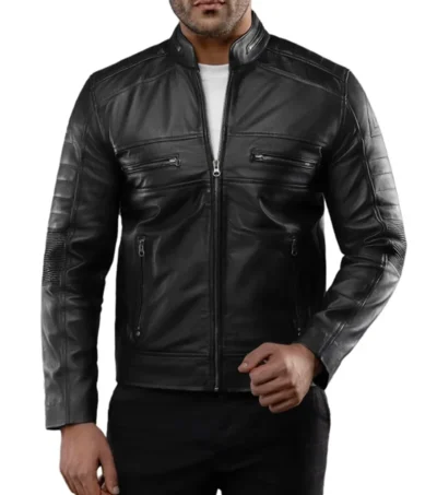 Slim Fit Black Leather Racer Jacket on Sale