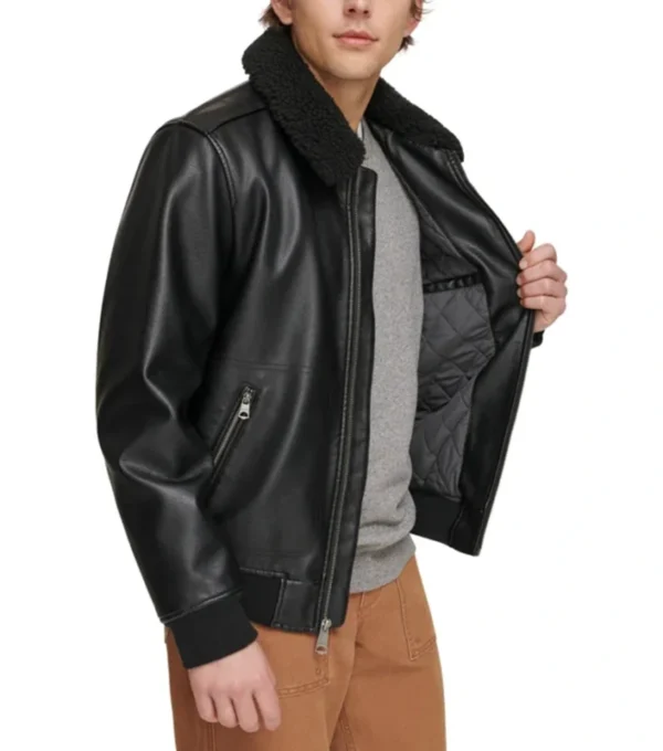 Stylish Black Bomber Jacket with Leather and Fur Pocket
