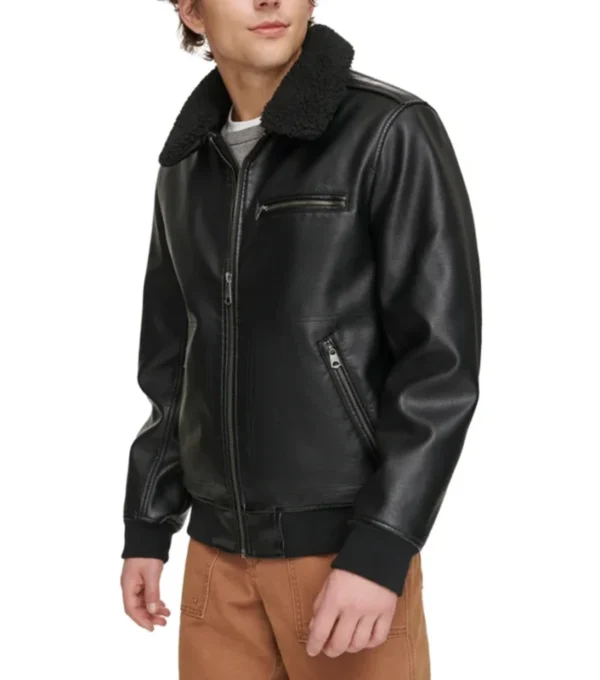 Stylish Black Bomber Jacket with Leather and Fur Side Look