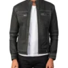 Stylish Black Leather Cafe Racer Jacket with Zipper