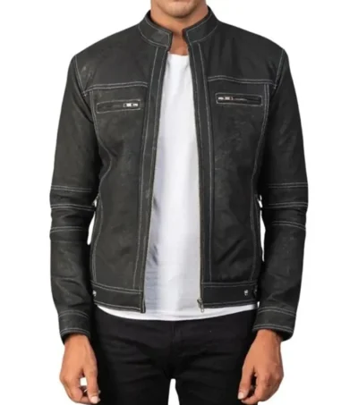 Stylish Black Leather Cafe Racer Jacket with Zipper