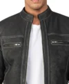 Stylish Black Leather Cafe Racer Jacket with Zipper Front