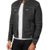 Stylish Black Leather Cafe Racer Jacket with Zipper on Sale
