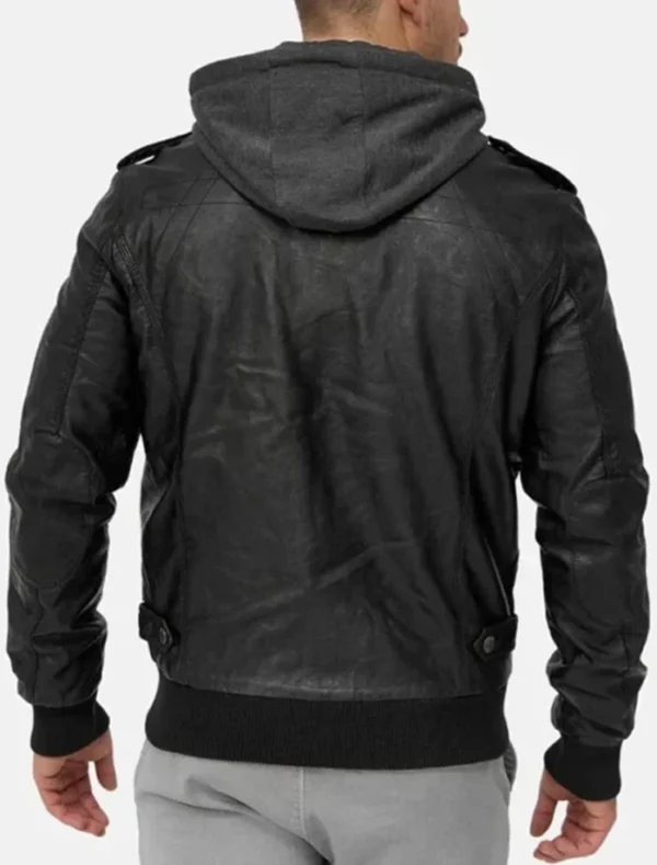 Stylish Black Leather Hooded Jacket for Men Back