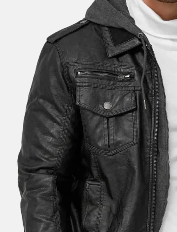 Stylish Black Leather Hooded Jacket for Men Front