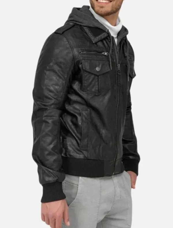 Stylish Black Leather Hooded Jacket for Men Side Look