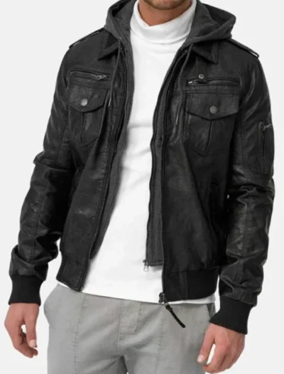 Stylish Black Leather Hooded Jacket for Men on Sale