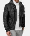 Stylish Black Leather Hooded Jacket for Mens