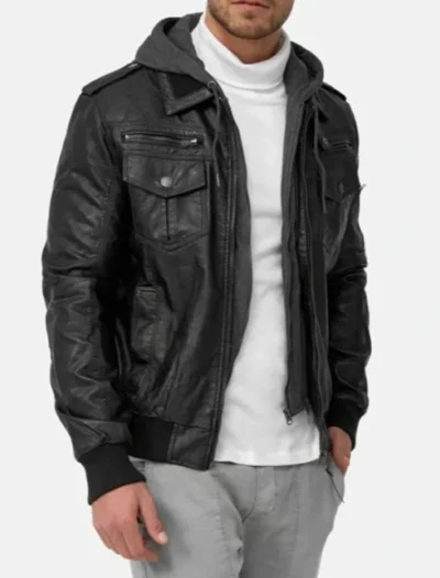 Stylish Black Leather Hooded Jacket for Mens