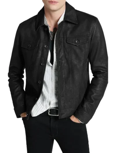 Stylish Black Leather Trucker Jacket