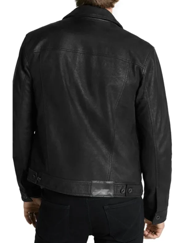 Stylish Black Leather Trucker Jacket Back
