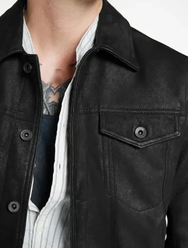 Stylish Black Leather Trucker Jacket Front