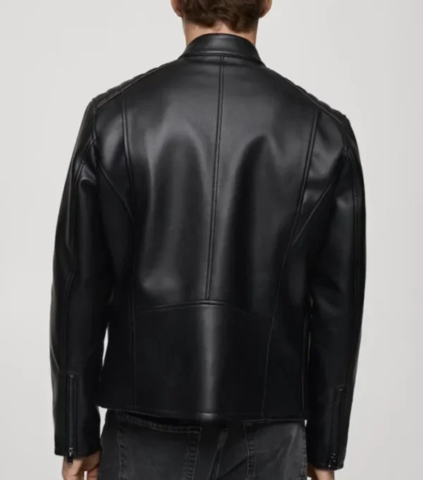 Stylish Black Zippered Leather Jacket Back