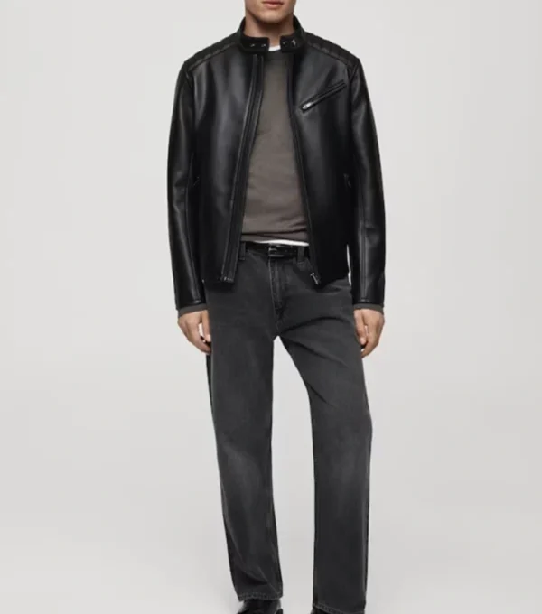 Stylish Black Zippered Leather Jacket For Sale