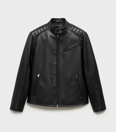 Stylish Black Zippered Leather Jacket Front