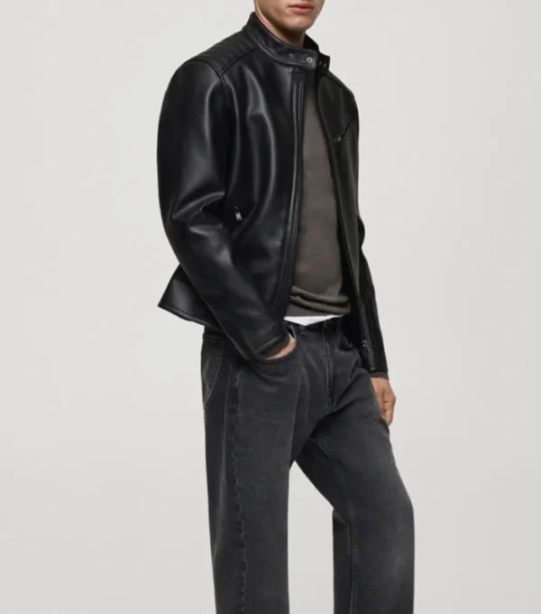 Stylish Black Zippered Leather Jacket Side Look